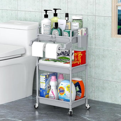 SPACEKEEPER Rolling Storage Cart, 3 Tier Utility Cart Laundry Room Organization Mobile Shelving Unit Bathroom Organizer with Towel Rack, Lockable Wheel, Hooks & Cup for Kitchen Office, Grey