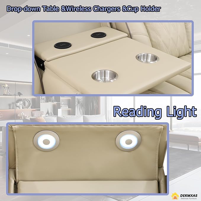 Living Room Furniture Sets, Power Reclining Sofa Set with USB Port, Beige Leather Power Recliner Sofa, Loveseat and Chair with Storage Console/LED Light/Cup Holdersfor Apartment