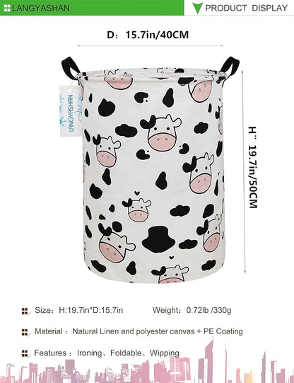 LANGYASHAN Storage Bin, Canvas Fabric Collapsible Organizer Basket for Laundry Hamper,Toy Bins,Gift Baskets, Bedroom, Clothes,Baby Nursery (Spotted Cow)