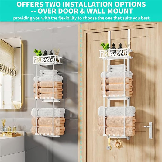 HapiRm Towel Rack Bathroom Storage - 3 Tier Over The Door & Wall Mounted Rolled Towel Racks Holder Organizer with Metal Shelf and 6 Hooks for Small Bathroom, Camper, Rv - White