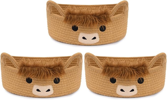 3 Pcs Oval Highland Cute Cow Basket for Nursery, Small Woven Rope Gift Basket, Soft Cotton Decorative Storage for Gifts Empty, Baby Shower Blanket 0rganizer Shelves Towel Bins, 12" D x 5" H