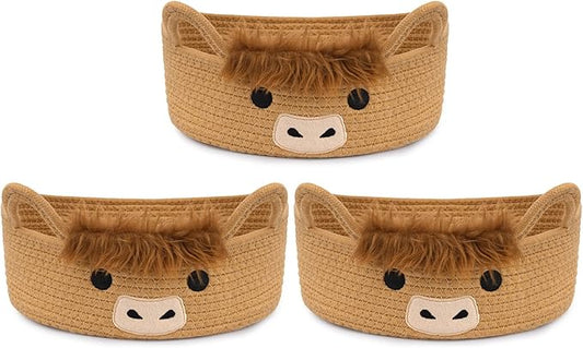 3 Pcs Oval Highland Cute Cow Basket for Nursery, Small Woven Rope Gift Basket, Soft Cotton Decorative Storage for Gifts Empty, Baby Shower Blanket 0rganizer Shelves Towel Bins, 12" D x 5" H