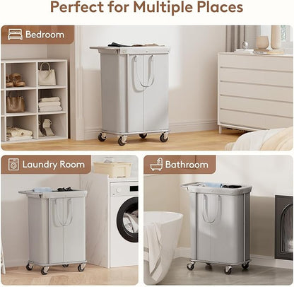 Lifewit 150L Large Laundry Basket with Wheels, Tall 2 Section Laundry Hamper Organizer, Rolling Laundry Cart with Steel Frame & Removable Bag for Luandry Room Bathroom Bedroom, Silver Gray