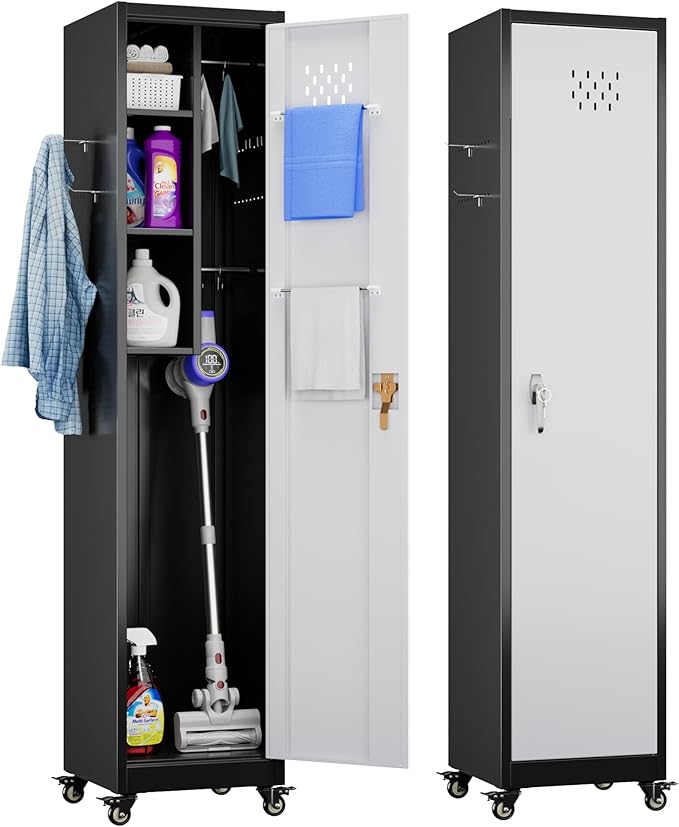Broom Closet Storage Cabinet, 72" H Garage Storage Cabinet with Wheels, Lockable Door and Hooks for Garage Cleaning Supplies Broom Mops, Assembly Required,Black Gray