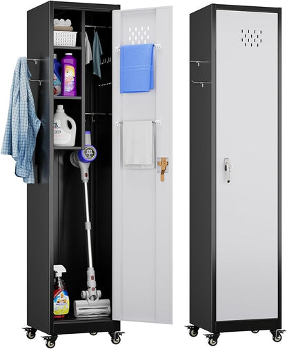 Broom Closet Storage Cabinet, 72" H Garage Storage Cabinet with Wheels, Lockable Door and Hooks for Garage Cleaning Supplies Broom Mops, Assembly Required,Black Gray