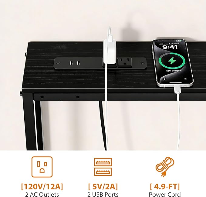 GRLEAF L Shaped 78" Narrow Console Sofa Table with Built-in Power Strip (2 AC Outlets & 2 USB Ports) – 4.9ft Power Cord, Metal Frame, Easy Assembly, Ideal for Behind Couch, Hallway (Black, 78IN)