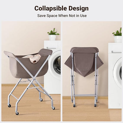 ELYKEN Laundry Cart with Wheels, 32”H Easy Rolling Laundry Hamper with Removable Liner Bag, Sturdy Metal Frame Clothes Basket with 4 Casters and 2 Brakes
