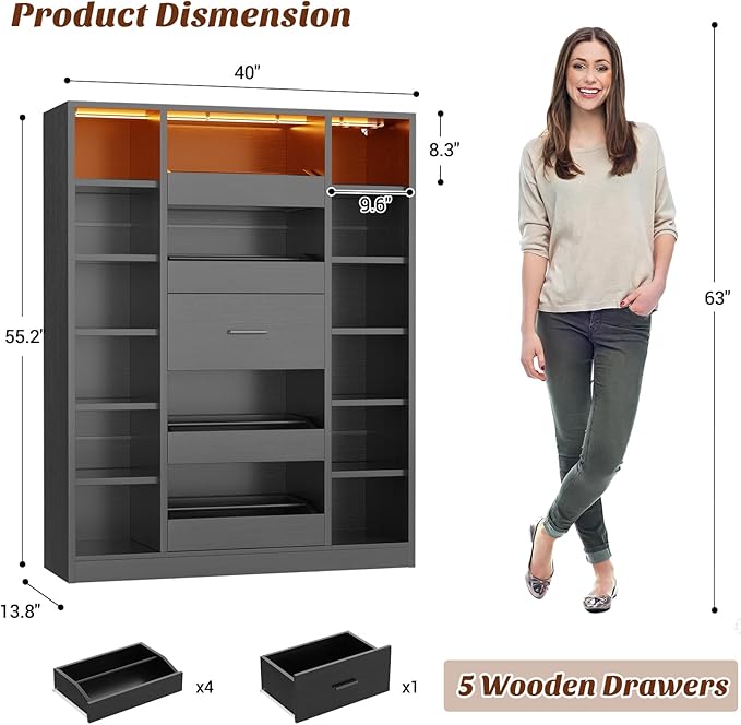 40" Closet System with LED Lights, Wooden Closet Organizer with 5 Drawers & 12 Shelves, Versatile Closet Storage Tower for Walk-in Closets, Shoe Rack and Handbag Storage Cabinet, Black