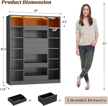 40" Closet System with LED Lights, Wooden Closet Organizer with 5 Drawers & 12 Shelves, Versatile Closet Storage Tower for Walk-in Closets, Shoe Rack and Handbag Storage Cabinet, Black