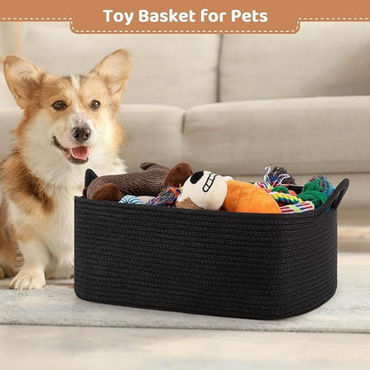 Large Empty Gift Baskets for Baby Shower, 16.5" L x 12.6" W x 7" H Cute Woven Storage Basket with Gift Bags and Ribbons, Small Rope Toy Basket with Handles, Cat Dog Pet Toy Organizer - Black