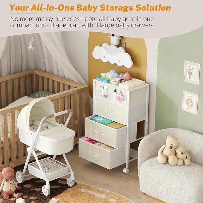 4-Tier Baby Diaper Caddy Organizer Cart with 3 Storage Drawers, Rolling Cart with Dividers & Side Pockets for Nursery, Baby Essentials, Toys, Wipes & Creams, Portable Baby Storage Cart & Station