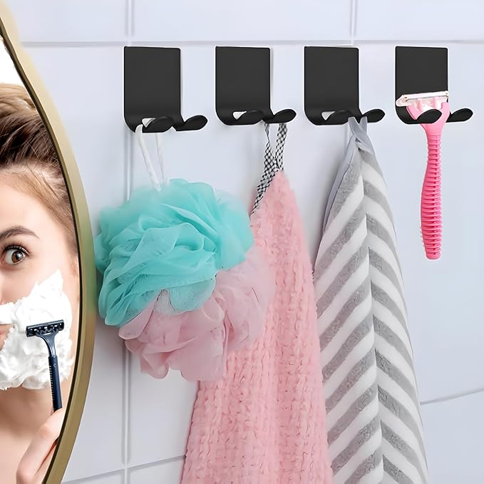 Razor Holder Shaver Hook Hanger Stand(2 Pack)Heavy Duty Self Adhesive Hooks Stainless Steel Sticky Wall Hooks,Shower Hook for Razor,Bathroom Kitchen Organizer for Plug Robe Towel Loofah Bathrobe Coat