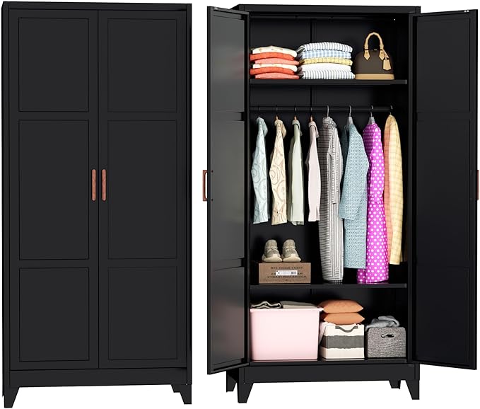 Bonusall 71" Metal Wardrobe,Steel Wardrobe Closet with Hanging Rod & Adjustable Shelves,Metal Storage Cabinet with 2 doors, Decorative Metal Closet with Handles for Bedroom,Home Office Entryway, Black