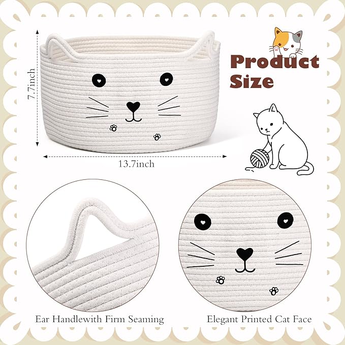 Zopeal Cat Basket Storage Woven Organizer with Ears Easter Decorative Gift Pet Toy Cute Cotton Rope Basket for Gift Cat Dog Toy Bin Nursery Room(13.7 x 7.8 Inch,White)