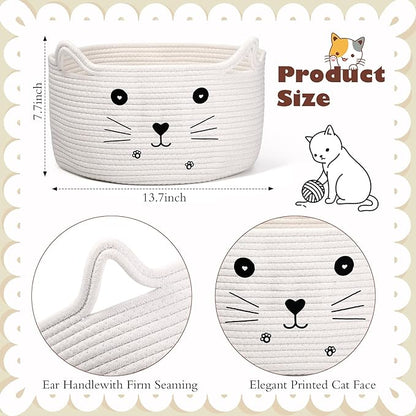 Zopeal Cat Basket Storage Woven Organizer with Ears Easter Decorative Gift Pet Toy Cute Cotton Rope Basket for Gift Cat Dog Toy Bin Nursery Room(13.7 x 7.8 Inch,White)