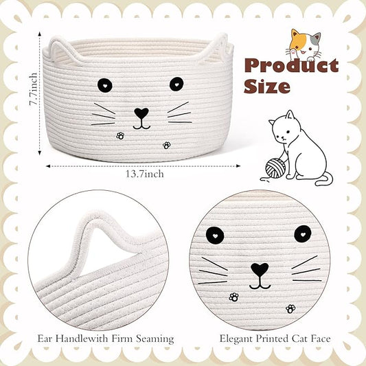 Zopeal Cat Basket Storage Woven Organizer with Ears Easter Decorative Gift Pet Toy Cute Cotton Rope Basket for Gift Cat Dog Toy Bin Nursery Room(13.7 x 7.8 Inch,White)