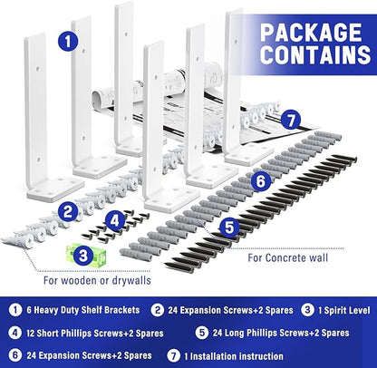 Goovilla Shelf Bracket, Heavy Duty Floating Shelf Brackets 8 inch Long, 6 Pack Brackets for Shelves, White Coated Metal Wall Shelf Support Brackets with 1/5 Inch Thick and 160 lb. Load Capacity