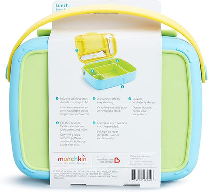 Munchkin Lunch Bento Box for Kids and Toddlers, Includes Stainless Steel Utensils, BPA-Free, 18 Months and Up, Blue/Green/Yellow