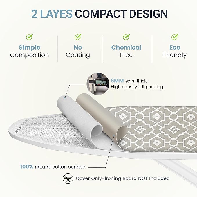 Ironing Board Cover and Pad 15"x54" Extra Thick Natural Cotton, Scorch and Stain Resistant Padding, Standard Size Iron Board Cover with Fasteners Heavy Duty Elastic Edge, Heatproof Geometric