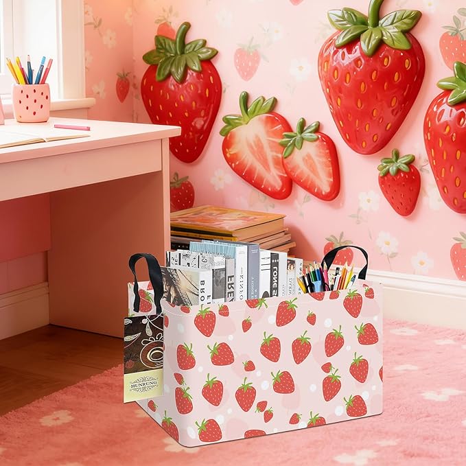 HUNRUNG Rectangle Storage Basket Cute Canvas Organizer Bin for Pet/Children Toys, Books, Clothes Perfect for Rooms/Playroom(REC-Pink Strawberry)