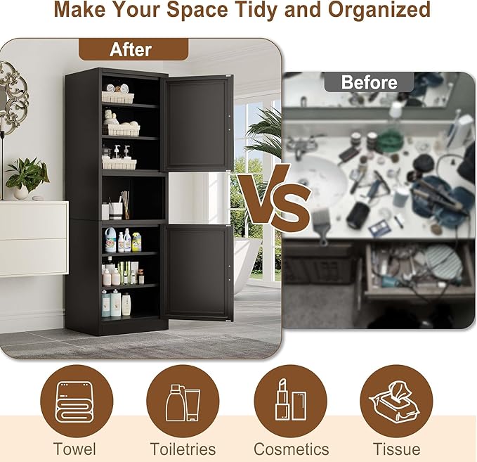 67" Tall Narrow Storage Cabinet Metal Bathroom Cabinet with 2 Doors & 4 Adjustable Shelves, Standing Pantry Cabinets Cupboard for Kitchen, Dining Room, Living Room and Bathroom (Black)