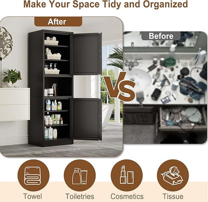 67" Tall Narrow Storage Cabinet Metal Bathroom Cabinet with 2 Doors & 4 Adjustable Shelves, Standing Pantry Cabinets Cupboard for Kitchen, Dining Room, Living Room and Bathroom (Black)
