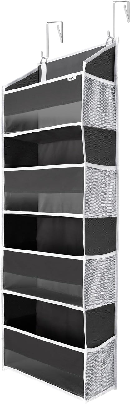 ULG 1 Pack Over Door Organizer with 4 Large Pockets 6 Mesh Side Pockets, 36 lbs Weight Capacity Hanging Storage Organizer with Clear Window for Bedroom Nursery, Baby Kids Toys, Diapers, Dark Grey