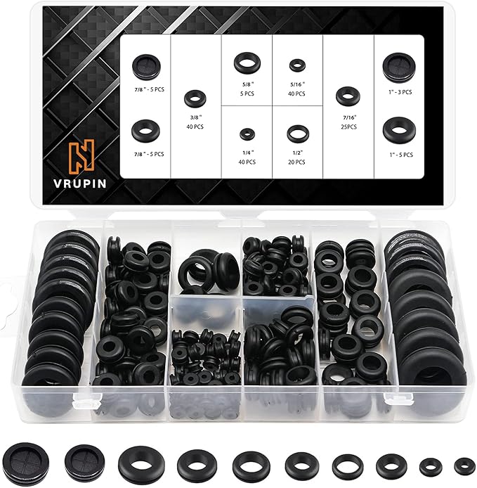 Vrupin 188 Pcs Rubber Grommets Kit - Rubber Washers for Wiring - 10 Different Sizes(1/4", 5/16", 3/8", 7/16", 1/2", 5/8", 7/8", 1" Inch)