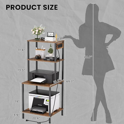 Printer Stand with Charging Station, 49"Tall 4-Tier Printer Stand with Storage, Large Printer Table for Home Office, Kitchen, Living Room, PrinterCart Beside Desk for Printer, Scanner (Rustic Brown)