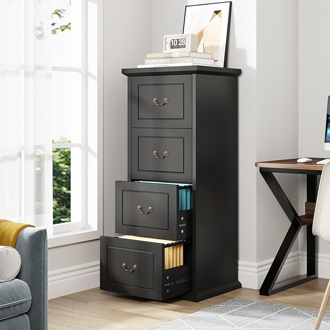 Tribesigns 4-Drawer File Filing Cabinet, Vertical File Cabinet Office Wood Filing Cabinet for A4 / Letter Size Narrow Tall File Storage for Home Office, Black
