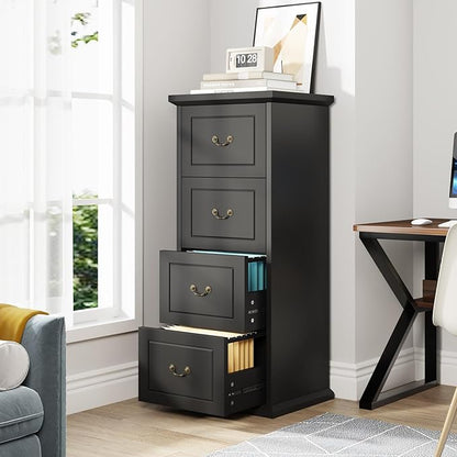 Tribesigns 4-Drawer File Filing Cabinet, Vertical File Cabinet Office Wood Filing Cabinet for A4 / Letter Size Narrow Tall File Storage for Home Office, Black