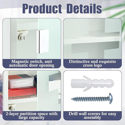 Timgle First Aid Wall Cabinet with Lock Medicine Wall Mounted Bathroom Storage Hanging Medical Cabinet with Safety Glass Door for Bathroom (3 Shelves,White)