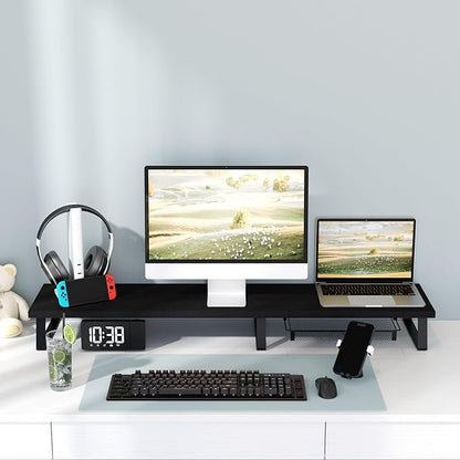 Wood Dual Monitor Stand Riser - Monitor Stand for 2 Monitors, Large Computer Stand For Desk with Metal Legs, Desk Organizers and Storage With Drawer, Desk Shelf for Computer/Laptop/Printer/TV, Black