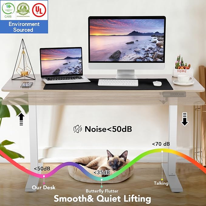 farexon Electric Standing Desk 63 x 24In with Outlets, Adjustable Height Stand up Desk with Large Mouse Pad, Double Hooks and 4 Wheels, 27''-46'' Lifting Range, Easy to Set for Home/Office(Oak)