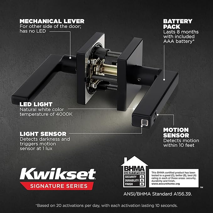 Kwikset Halifax LED Motion Activated Light Up Privacy Door Lever for Bathroom and Bedroom, Matte Black, Reversible Keyless Push Button Lock Door Lever, with Microban Protection