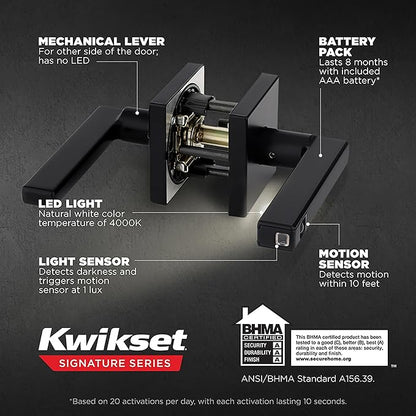 Kwikset Halifax LED Motion Activated Light Up Privacy Door Lever for Bathroom and Bedroom, Matte Black, Reversible Keyless Push Button Lock Door Lever, with Microban Protection