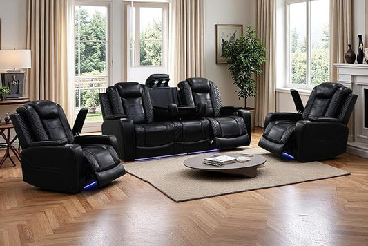 Black Leather Power Recliner Sofa and 2 Chairs Sets with Arm Storage and LED, Leather Living Room Reclining Sofa with Read Lights, Power Recliner Chair with Cup Holders for Home/Office