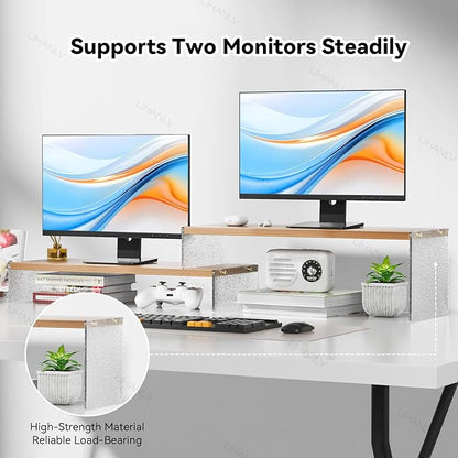 Adjustable Monitor Stand Riser with Acrylic Legs丨7.67" Wide Dual Monitor Stand for Desk丨2-Tier Wood Desktop Organizer for Computer, Laptop, Printer & PC丨Modern Aesthetic Desk Shelf(wood-glacial striae)
