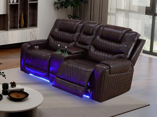 Power Recliner Sofa, 2-Seater Living Room Furniture Sets, Breathing Leather Power Reclining Loveseat with Cup Holder/LED Light/USB Port Sofa Couch for Living Room, Apartment, Office, Rv Car