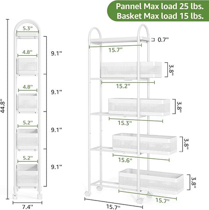KINGRACK 5-Tier Slim Storage Cart with Pull Out Basket, Rolling Bathroom Organizer Utility, Metal Shelving Unit Slide Out, Lockable Wheels, Easy Assembly for Narrow Place, Kitchen, Laundry Room, White