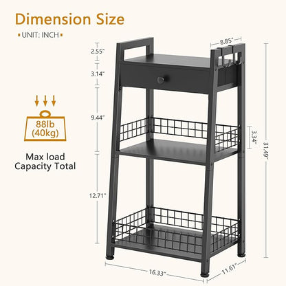 3-Tier Ladder Shelf with Drawer, Bathroom Table Stand for Small Space, Standing Bathroom Shelves with Storage for Living Room Kitchen Bedroom, Organizer Shelf, Black