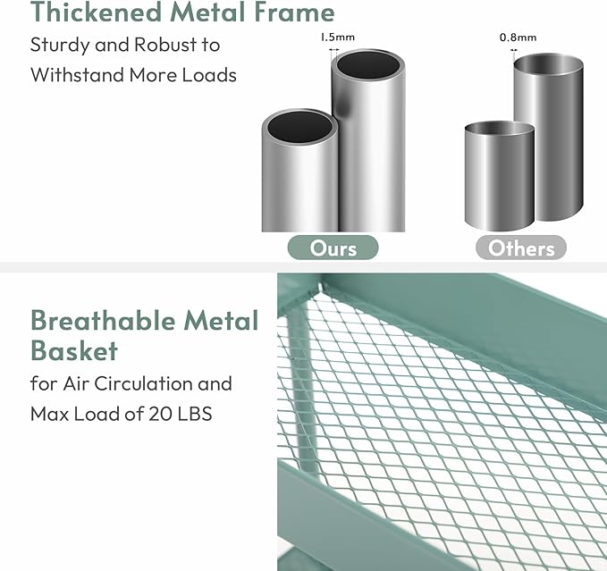 danpinera Rolling Utility Cart with Wheels, 4 Tier 7.7'' Metal Rolling Narrow Storage Cart with Hooks and Hanging Cups on Wheels for Bathroom, Kitchen, Office and Small Spaces, Green