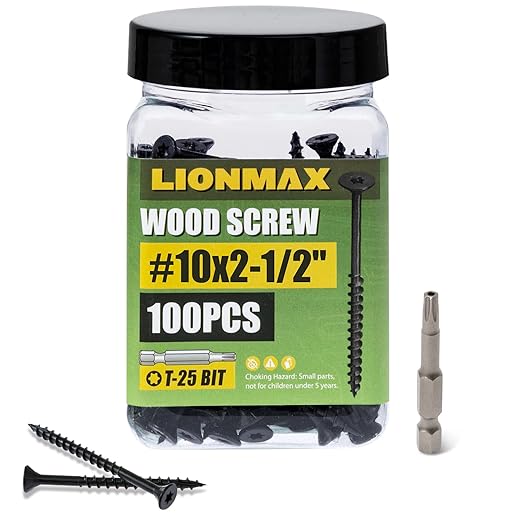 LIONMAX Deck Screws 2-1/2 Inch, Wood Screws #10 x 2-1/2", 100 PCS, Rust Resistant, Exterior Epoxy Coated, Outdoor Decking Screws, Torx/Star Drive Head Screw, T25 Star Bit Included, Black