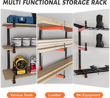 27" Lengthened Lumber Storage Rack, 6-Hole Adjustable Wall Mount Wood Organizer Storage Metal Shelves for Garage (4 Pack)