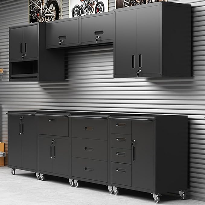 Black Garage Storage Cabinets System 6 PCS Workshop Set with Drawers Locking Heavy Duty Rolling Cart with Adjustable Shelves Garage Tool Workbench Cabinets