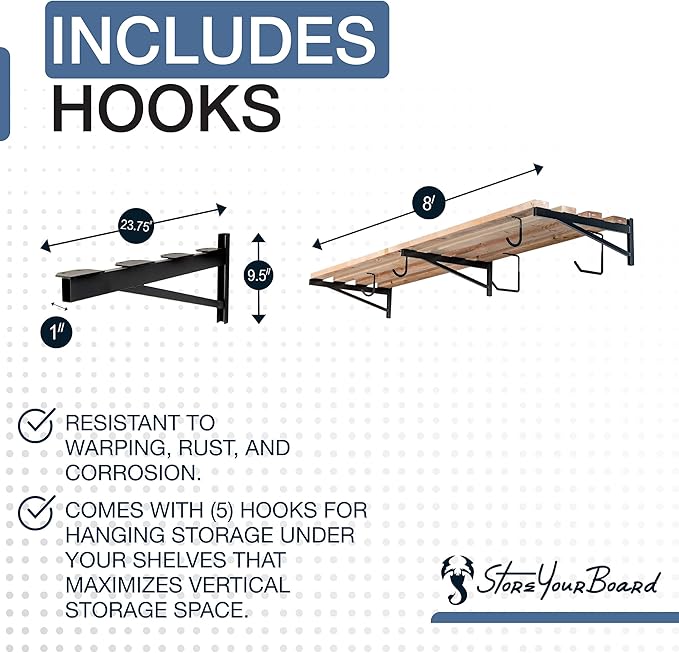 StoreYourBoard 24 Inch Heavy Duty Shelf Brackets, Set of 3 for 2' x 8' DIY Garage Wall Shelf, Holds 450 lbs, Solid Steel, Includes 5 Hooks for Hanging Storage, 23.75" x 1" x 9.5" 3-Pack