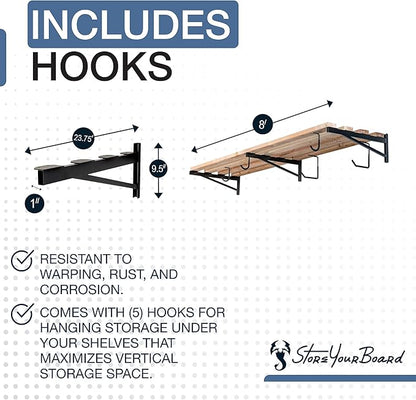 StoreYourBoard 24 Inch Heavy Duty Shelf Brackets, Set of 3 for 2' x 8' DIY Garage Wall Shelf, Holds 450 lbs, Solid Steel, Includes 5 Hooks for Hanging Storage, 23.75" x 1" x 9.5" 3-Pack