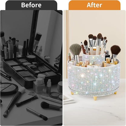Bling Diamond Makeup Brush Holder, 360° Rotating Makeup Organizer, 5 Slot Make up Brushes Cup for Countertop, Storage for Cosmetics Pen Eyeliner Skincare on the Vanity ((Diamond white AB)