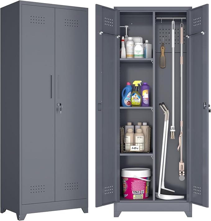 GREATMEET 65" H Metal Cleaning Supply Storage Cabinet, Lockable Double Door Garage Utility Organizer with Adjustable Shelves & Pegboard, Grey