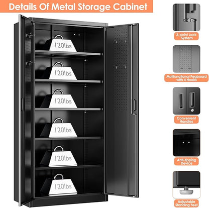 Lockable Garage Storage Cabinet with 5 Adjustable Shelves, 71" H Black Metal Storage Cabinet with 2 Pegboard Doos for Garage, Home, Assembly Required, Black